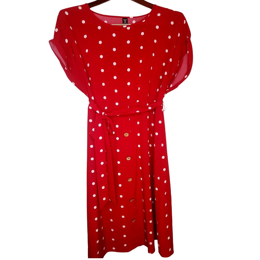 Shein Curve 1XL Red & White Polka Dot Business Work Dress w/Buttons